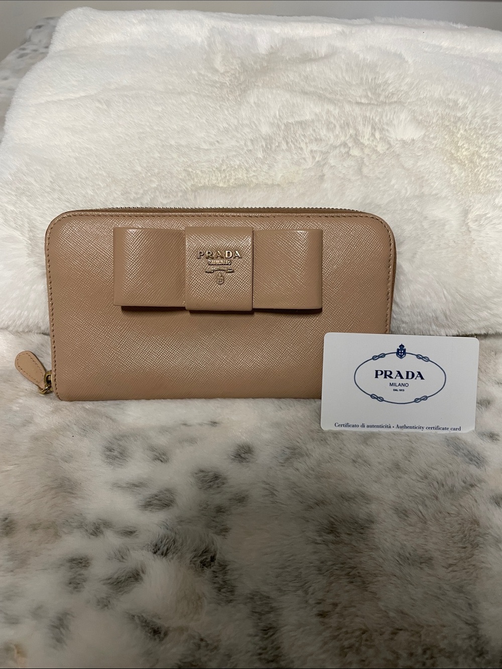 Prada Bow Zip-Around Wallet in Nude Tan